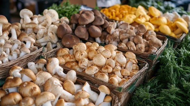 Farmers' market with mushrooms in containers