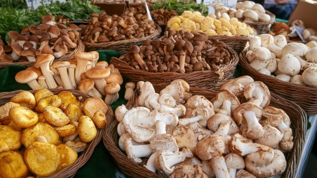 Farmers' market with mushrooms in containers
