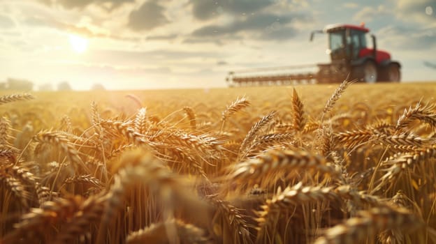 Wheat harvesting in a sunset field