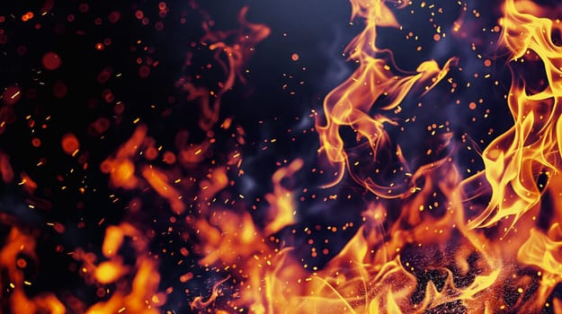 Flickering flames rise dramatically against a dark background, casting warm light as glowing embers dance in the air. The display creates an enchanting atmosphere - Generative AI