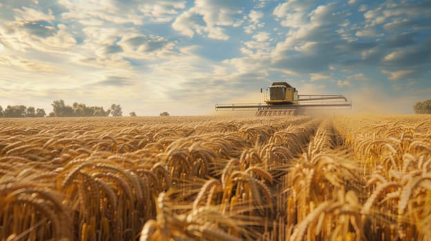 Wheat harvesting in a sunset field