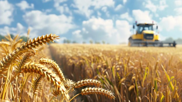 Wheat harvesting in a sunset field
