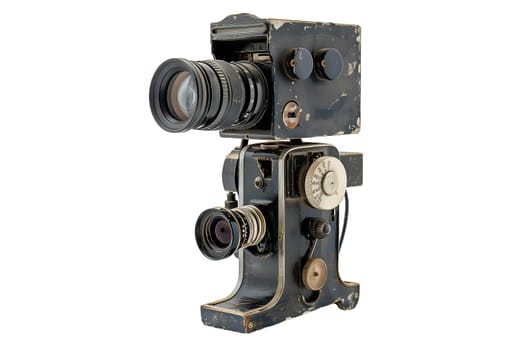A vintage camera with a lens and a dial. isolated cut out photo