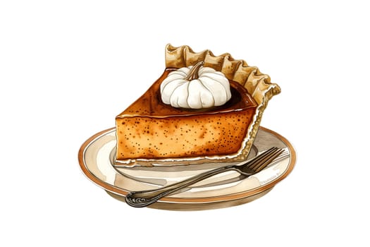 A slice of pumpkin pie with whipped cream on top watercolor cut out illustration
