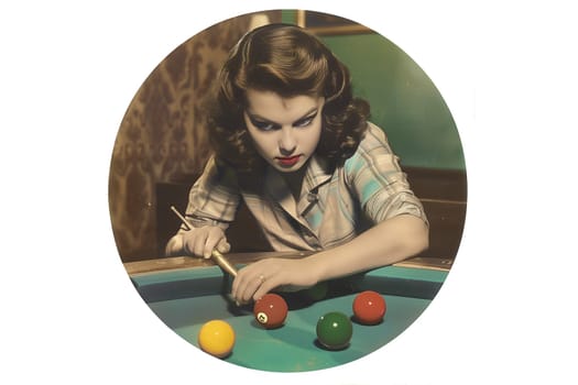 Vintage retro photo of a woman is playing pool cut out