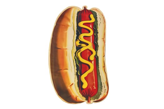 A hot dog with mustard and tomatoes on a bun. cut out retro isolated illustration