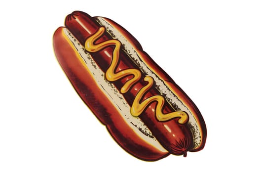 A hot dog with mustard and tomatoes on a bun. cut out retro isolated illustration