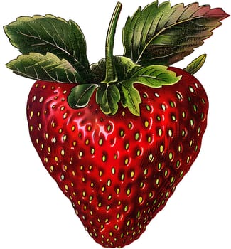 A red strawberry with green leaves and a green stem illustration in Vintage style