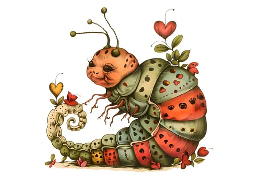 Vintage illustration of a caterpillar surrounded by flowers and butterflies in vintage retro style