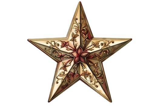 Vintage retro illustration of decorated Christmas gold star with nine points on a white background