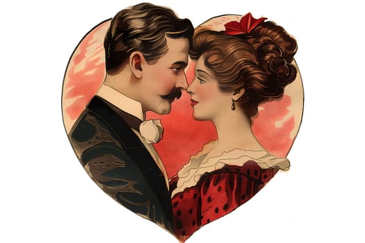 Retro vintage Valentine's Day illustration of a man and a woman kissing in a heart-shaped frame