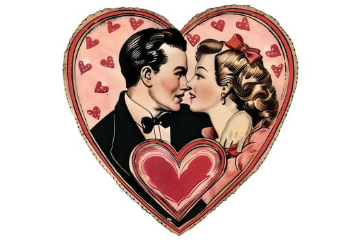 Retro vintage Valentine's Day illustration of a man and a woman kissing in a heart-shaped frame