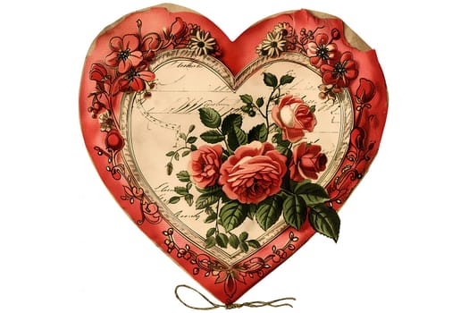 Retro illustration of red heart with roses and leaves in a vintage style for Valentine's Day