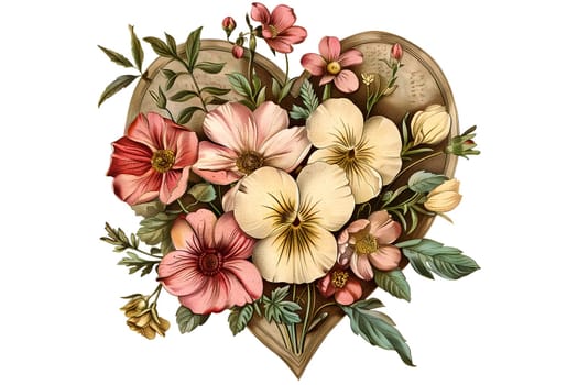 Retro illustration of red heart with roses and flowers in a vintage style for Valentine's Day