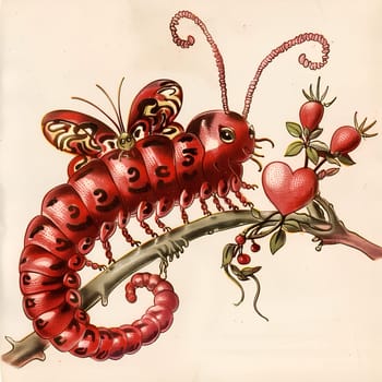 A red caterpillar is crawling on a branch with a heart on it. The caterpillar is surrounded by red flowers and leaves