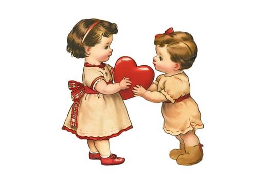 Two little girls are holding a red heart. One girl is holding the heart in her right hand and the other girl is holding it in her left hand