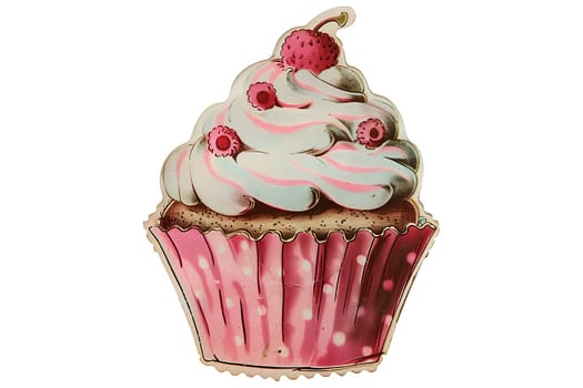 A cupcake with pink frosting and raspberries on top cut out vintage illustration