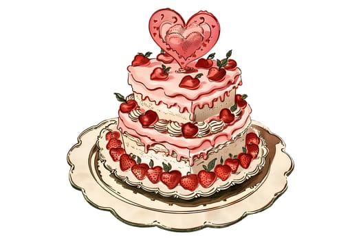 A pink fruit cake with raspberries on top cut out vintage illustration