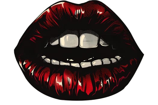 A close up of a red lip with a white background. The lip is painted with a glossy finish, giving it a shiny and seductive appearance. Concept of sensuality and confidence