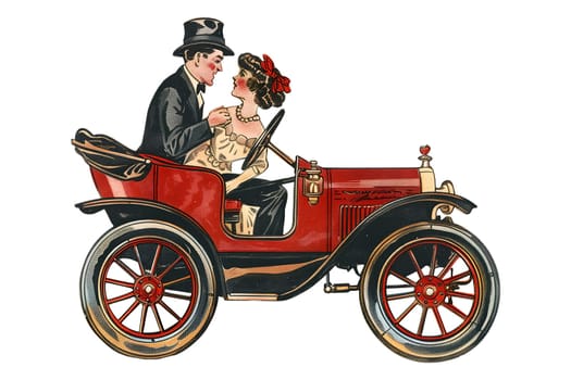 A man and a woman are in a red car. The man is wearing a hat and the woman is wearing a dress. The car is an old-fashioned model