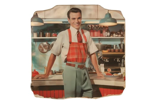 A man in a red and green plaid apron stands in front of a kitchen counter. He is smiling and he is happy