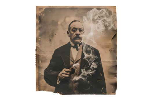 A man in a suit holding a pipe and smoking. The image has a vintage feel to it