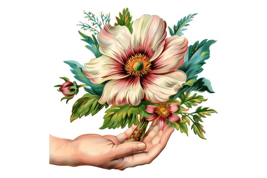 A hand holding a rose with a stem. The image has a vintage feel to it