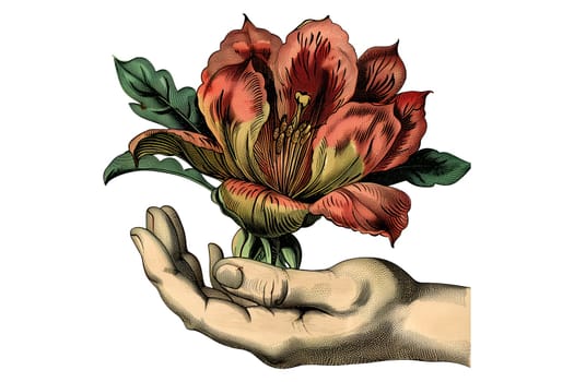 A hand holding a rose with a stem. The image has a vintage feel to it