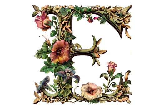 The letter E is decorated with flowers and leaves.Vintage cut out illustration