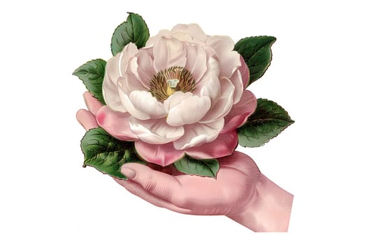 A hand holding a rose with a stem. The image has a vintage feel to it