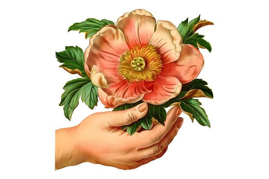 A hand holding a rose with a stem. The image has a vintage feel to it