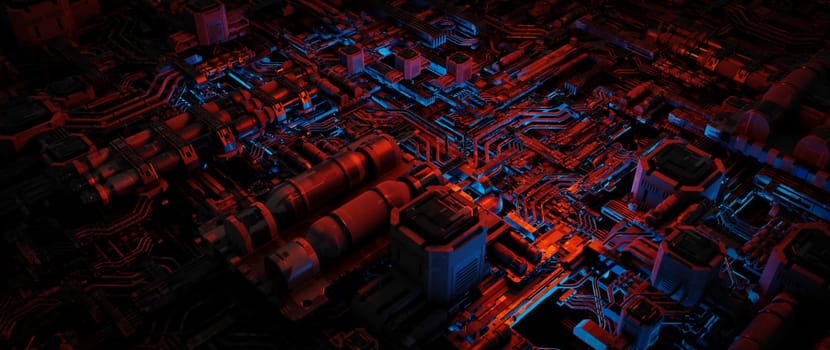 Abstract 3D render of complex circuitry in red and blue neon light