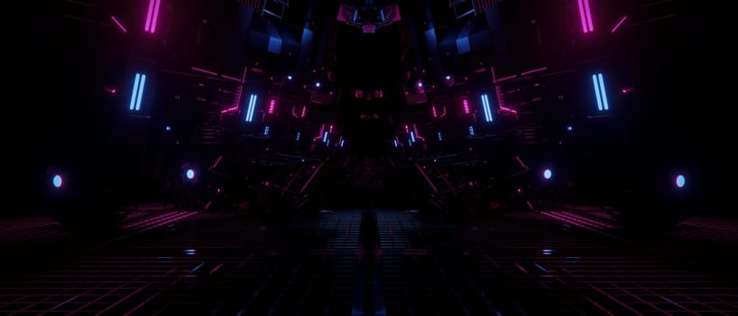 A mesmerizing and futuristic neon corridor, with bright pink and blue lights illuminating the dark, geometric environment.