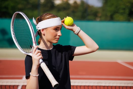 Portrait of a girl tennis player thinking and reasoning before hitting a tennis match, tennis game concept