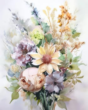 Romantic bouquet of beautiful flowers. Watercolor painting. Design for fabric, wallpaper, greeting card