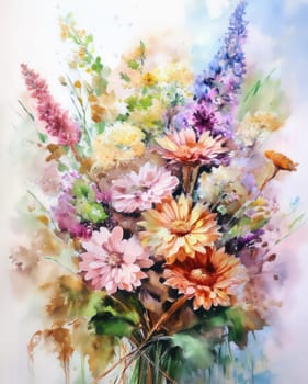 Romantic bouquet of beautiful flowers. Watercolor painting. Design for fabric, wallpaper, greeting card