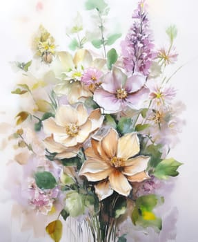 Romantic bouquet of beautiful flowers. Watercolor painting. Design for fabric, wallpaper, greeting card