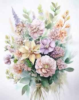 Romantic bouquet of beautiful flowers. Watercolor painting. Design for fabric, wallpaper, greeting card