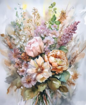 Romantic bouquet of beautiful flowers. Watercolor painting. Design for fabric, wallpaper, greeting card