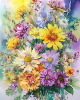 Romantic bouquet of beautiful flowers. Watercolor painting. Design for fabric, wallpaper, greeting card