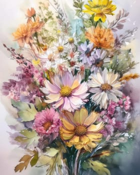 Romantic bouquet of beautiful flowers. Watercolor painting. Design for fabric, wallpaper, greeting card