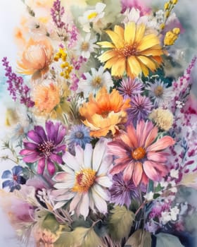Romantic bouquet of beautiful flowers. Watercolor painting. Design for fabric, wallpaper, greeting card