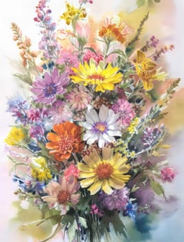 Romantic bouquet of beautiful flowers. Watercolor painting. Design for fabric, wallpaper, greeting card