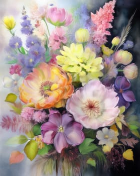 Romantic bouquet of beautiful flowers. Watercolor painting. Design for fabric, wallpaper, greeting card