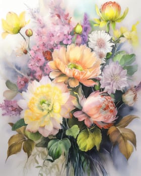 Romantic bouquet of beautiful flowers. Watercolor painting. Design for fabric, wallpaper, greeting card