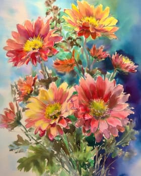 Romantic bouquet of beautiful flowers. Watercolor painting. Design for fabric, wallpaper, greeting card