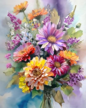 Romantic bouquet of beautiful flowers. Watercolor painting. Design for fabric, wallpaper, greeting card