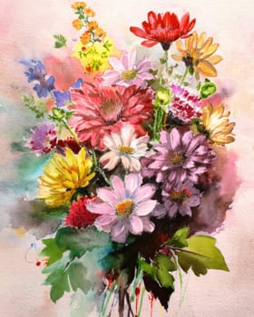 Romantic bouquet of beautiful flowers. Watercolor painting. Design for fabric, wallpaper, greeting card