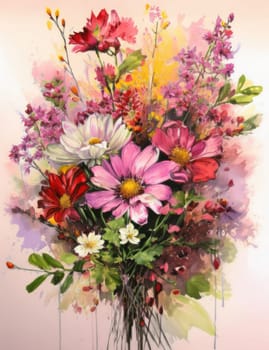 Romantic bouquet of beautiful flowers. Watercolor painting. Design for fabric, wallpaper, greeting card