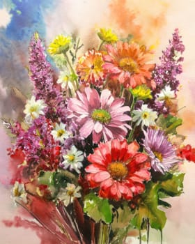 Romantic bouquet of beautiful flowers. Watercolor painting. Design for fabric, wallpaper, greeting card